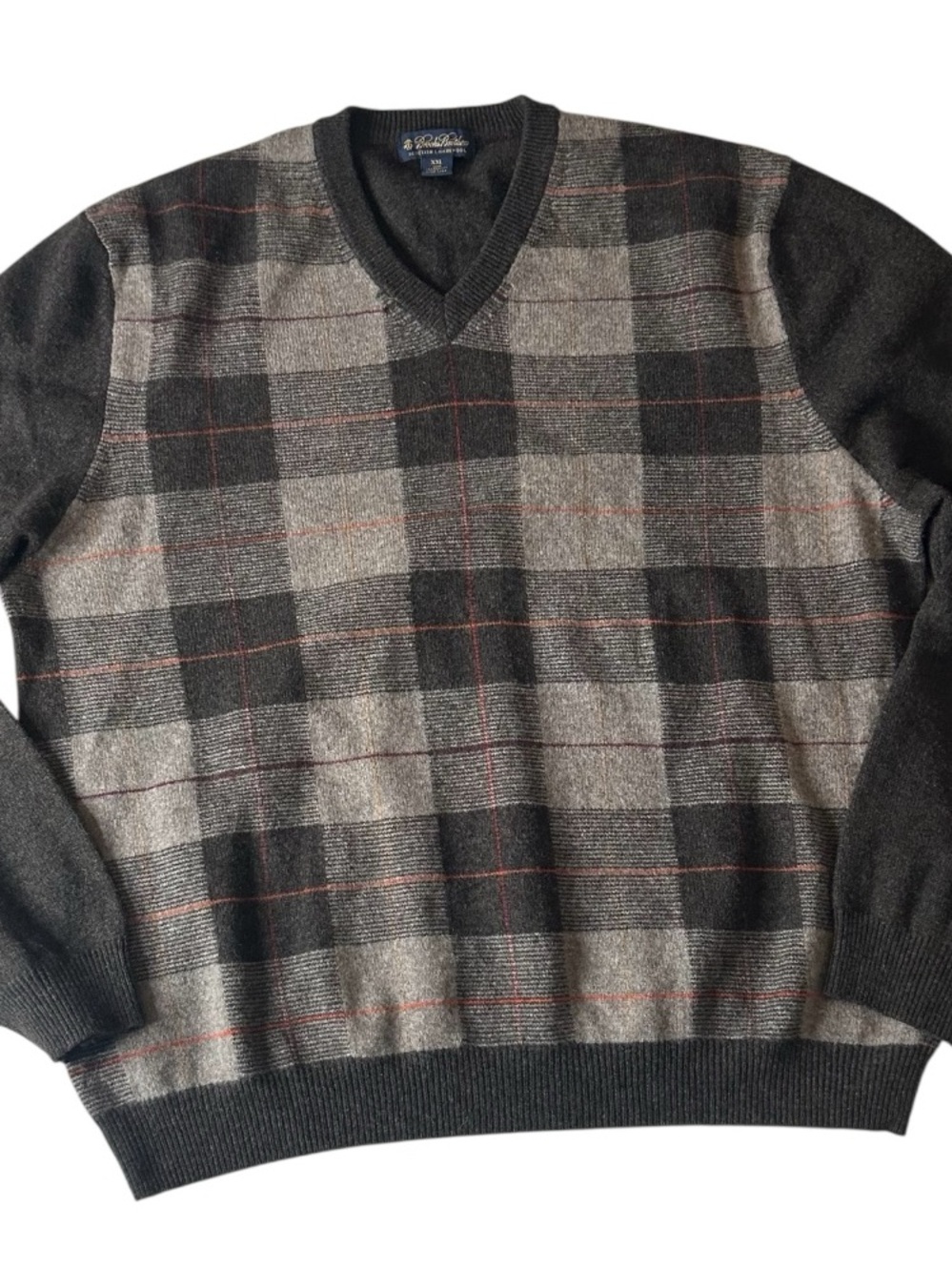 Brooks Brothers Men's V-Neck Brown Plaid Sweater - XXL